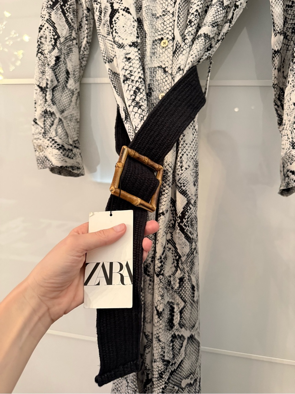 Zara Black and White Snake-Print Button-Down Maxi Dress with Belt